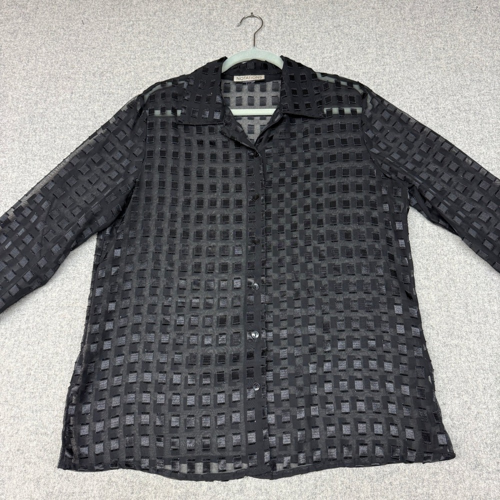 Notations | Blouse | L | Black | Sheer Textured Grid Button Up Long Sleeve Top